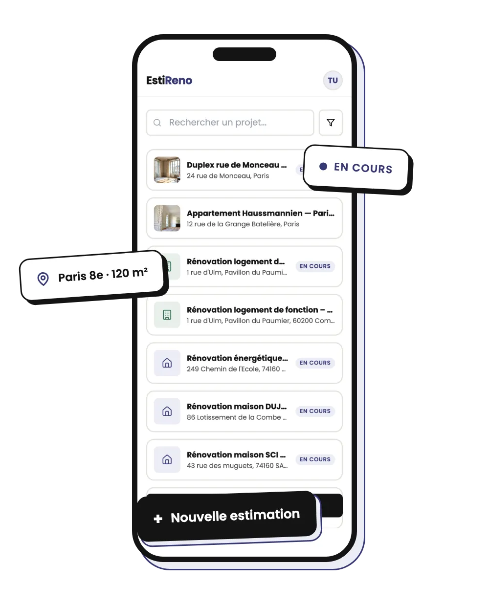 L'écran d'accueil de l'application EstiReno, avec les projets et estimations d'un utilisateur