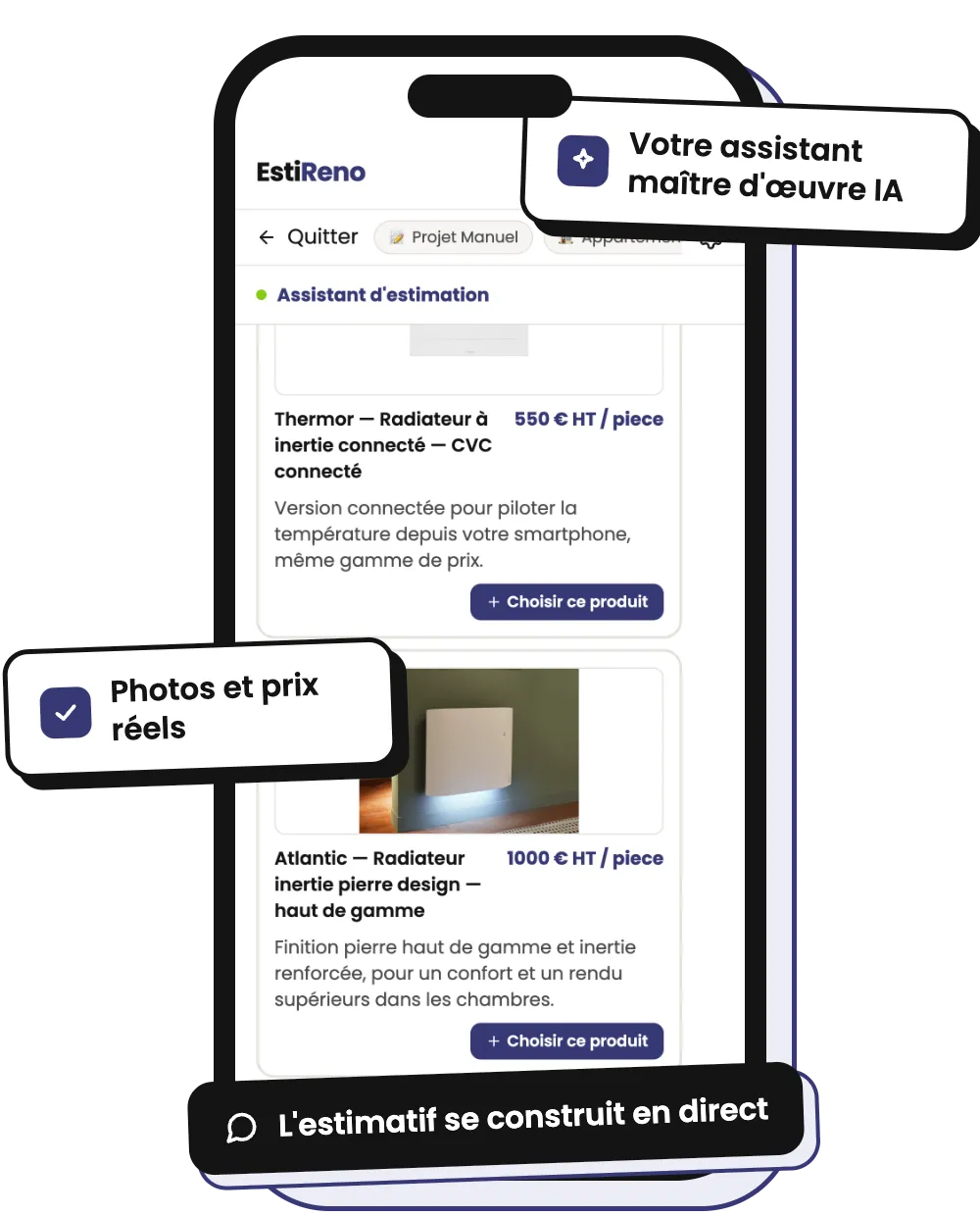 Écran de l'application EstiReno : conversation avec l'assistant IA qui construit l'estimatif
