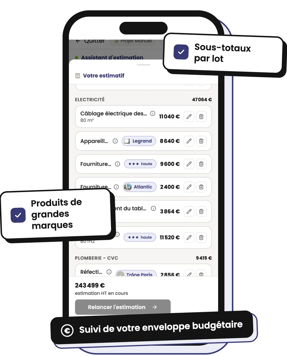 Écran de l'application EstiReno : estimatif détaillé par lot avec produits choisis et sous-totaux