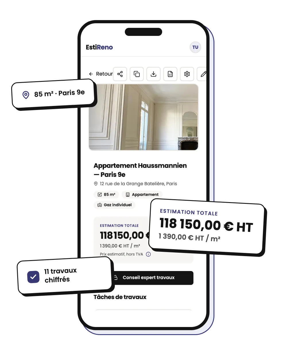 Écran de l'application EstiReno montrant l'estimation d'un projet : 118 150 € HT pour 85 m² à Paris