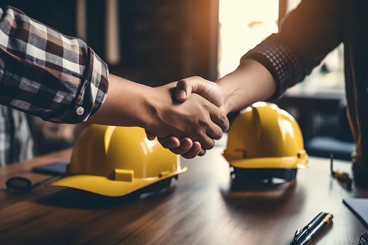 Poignée de main entre un artisan et son client au-dessus de casques de chantier