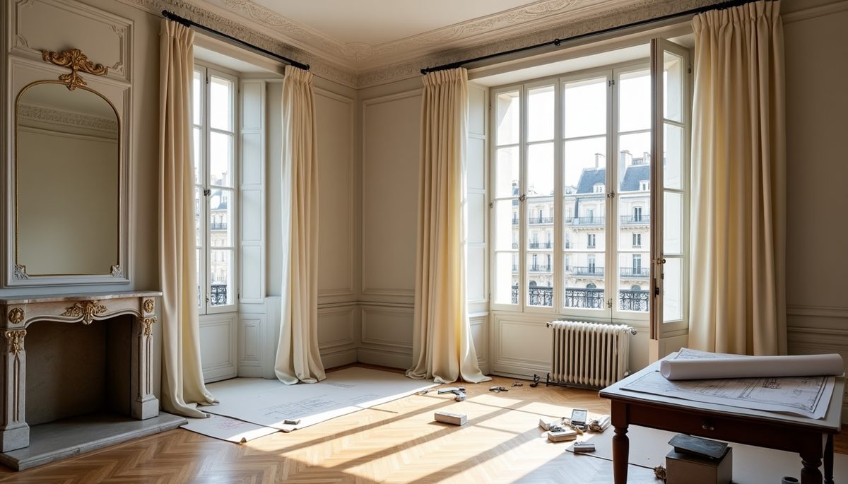Salon d'un appartement haussmannien rénové avec moulures et parquet en point de Hongrie