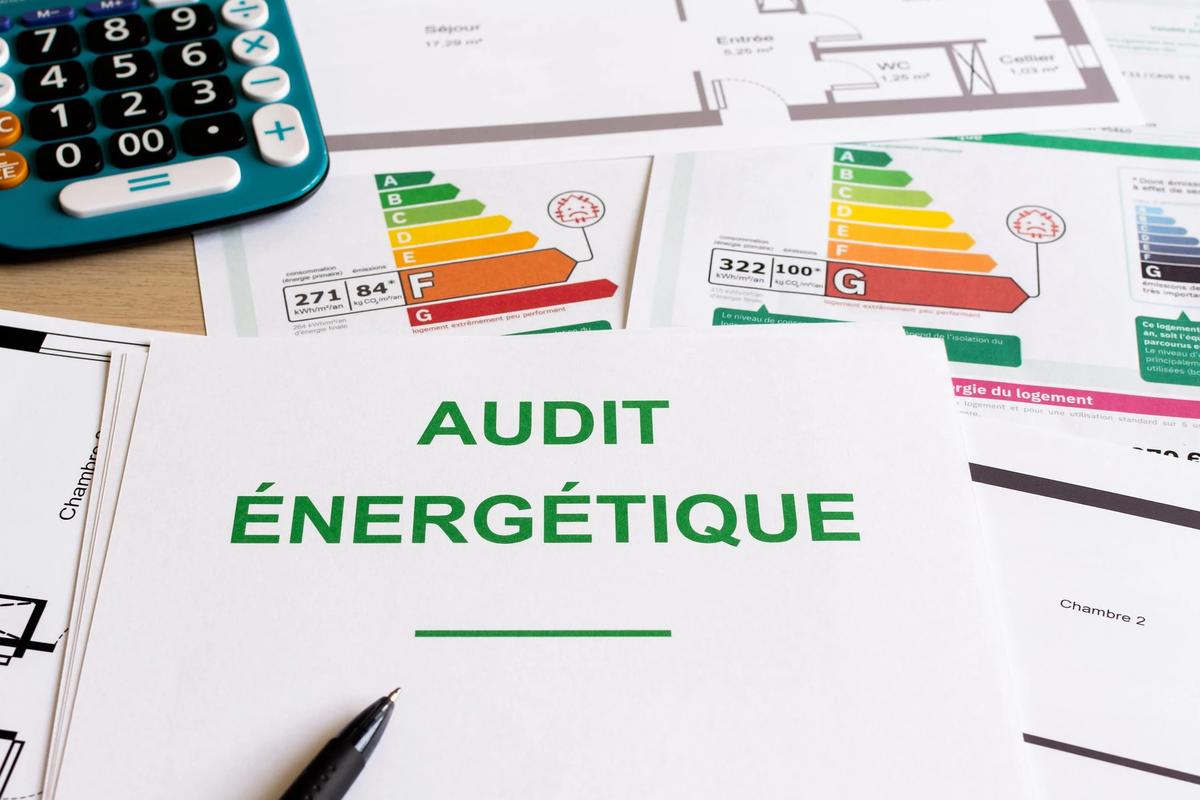 Dossier d'audit énergétique avec étiquettes de performance énergétique, plans et calculatrice