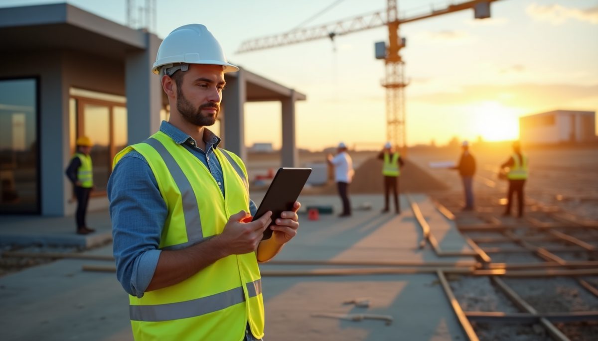 Professionnel du bâtiment consultant une tablette sur un chantier de construction au coucher du soleil