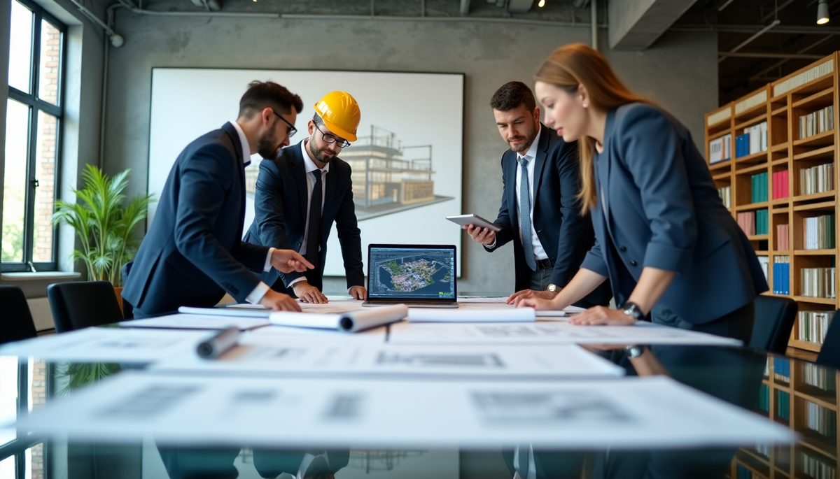 Architecte consultant un dossier de consultation des entreprises (DCE) avec plans de construction