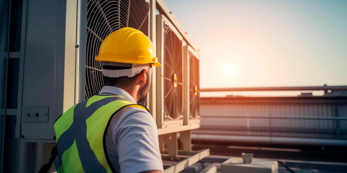 Technicien avec un casque de chantier inspectant des unités de climatisation sur un toit