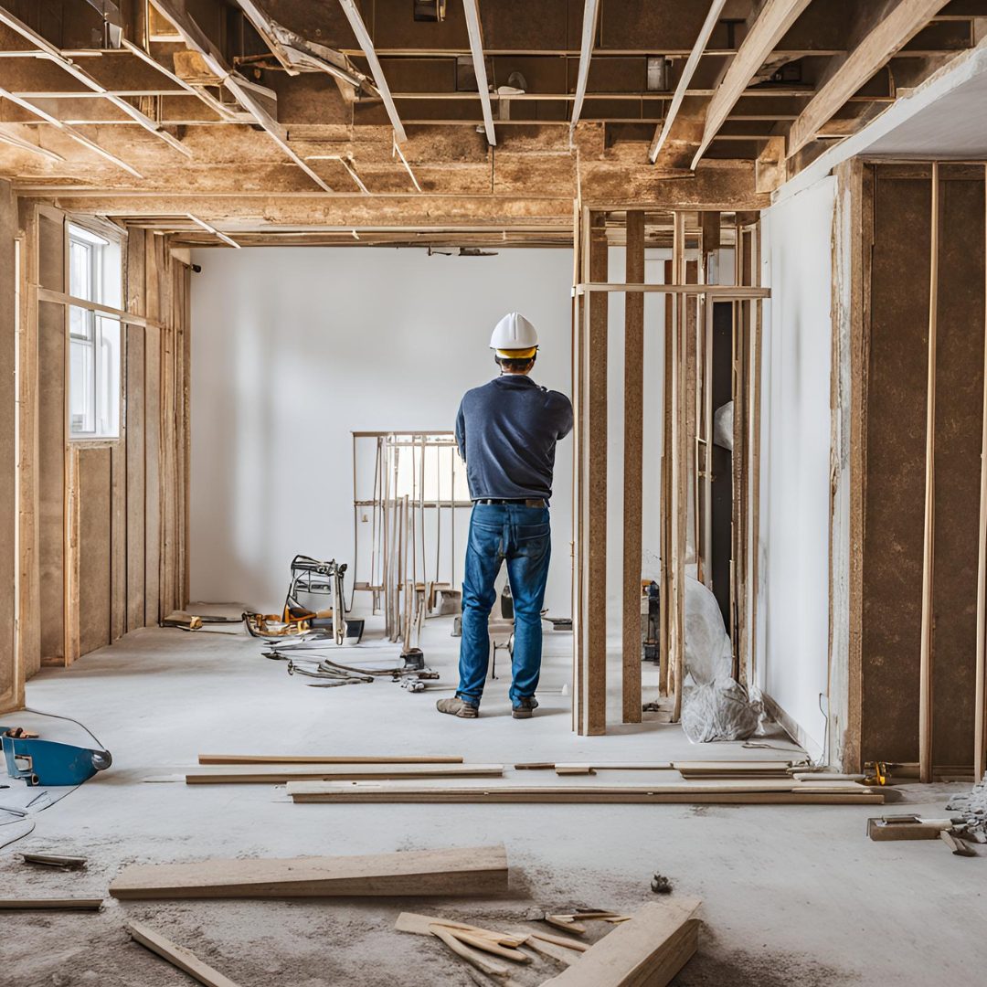 Artisan avec un casque de chantier examinant la structure d'un logement en cours de rénovation