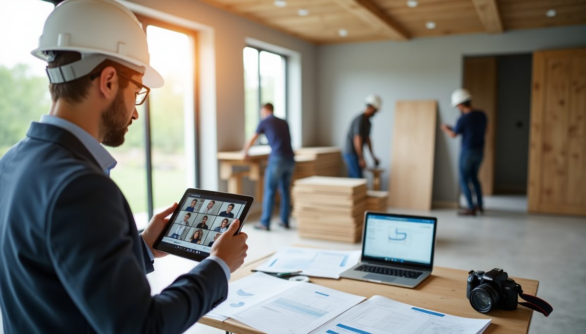 Maître d'ouvrage suivant son chantier de rénovation en visioconférence sur tablette, artisans au travail en arrière-plan